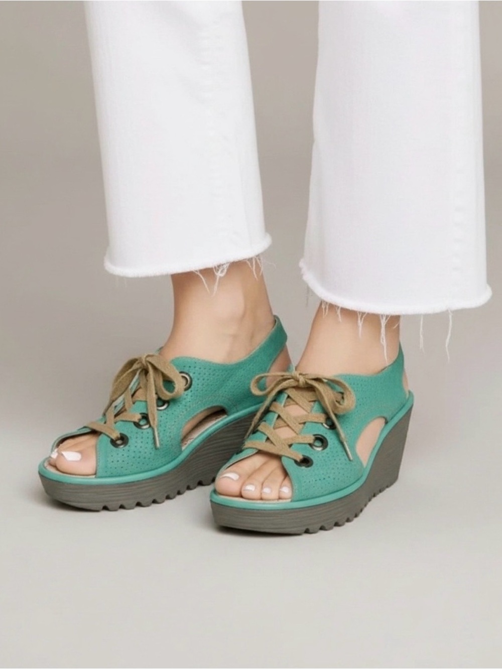 Fly London Yifa Lace-Up Wedge Sandals in Turquoise size 7 (EU 37)